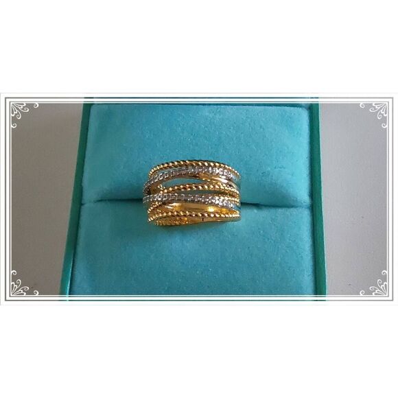 Gorgeous 18KYGP Twisted Cable & Sim Diamond Highway Ring Sz 7 - Picture 1 of 4
